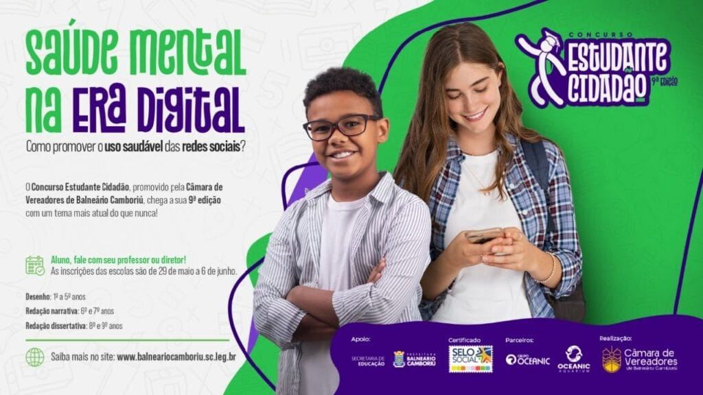 concurso estudante cidadão,saúde mental na era digital,redes sociais nas escolas,educação fundamental,premiação alunos SC,Câmara Balneário Camboriú,inscrição concurso escolar,desenho e redação,ensino fundamental,concurso escolar gratuito,Grupo Oceanic,Oceanic Aquarium,escolas públicas e privadas,Secretaria de Educação BC,redação narrativa e dissertativa