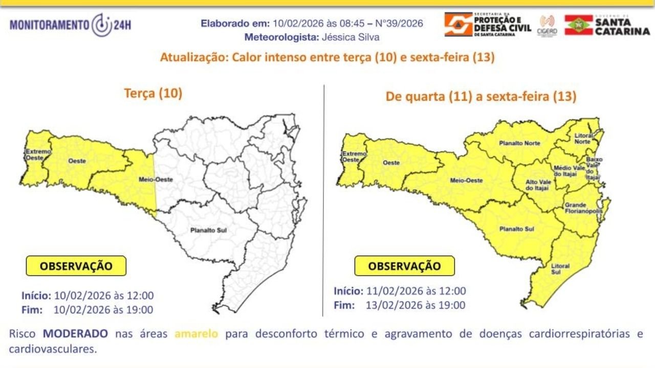 calor intenso Balneário Camboriú,alerta Defesa Civil,altas temperaturas SC,cuidados com o calor,verão em Santa Catarina,bem-estar animal,emergência Defesa Civil BC