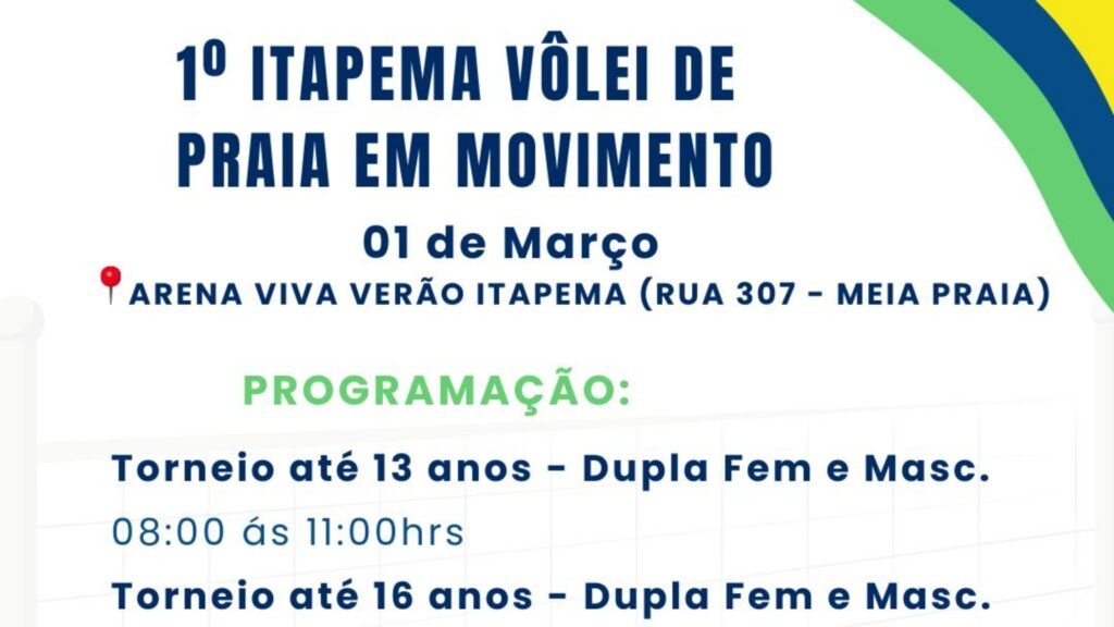 Itapema Vôlei de Praia em Movimento,Prefeitura de Itapema esporte,torneio de vôlei de praia Itapema,Arena Viva Verão Itapema,evento esportivo Itapema março,esporte de base Itapema,inscrição solidária Itapema,doação de alimentos Itapema,Secretaria de Esportes Itapema,programação de verão Itapema,competição juvenil Itapema,vôlei de praia Meia Praia,Instituto ACE Itapema,esporte e inclusão Itapema,evento para jovens Itapema