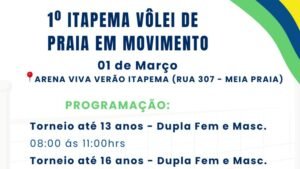 Itapema Vôlei de Praia em Movimento,Prefeitura de Itapema esporte,torneio de vôlei de praia Itapema,Arena Viva Verão Itapema,evento esportivo Itapema março,esporte de base Itapema,inscrição solidária Itapema,doação de alimentos Itapema,Secretaria de Esportes Itapema,programação de verão Itapema,competição juvenil Itapema,vôlei de praia Meia Praia,Instituto ACE Itapema,esporte e inclusão Itapema,evento para jovens Itapema