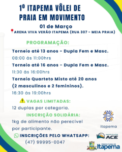 Itapema Vôlei de Praia em Movimento,Prefeitura de Itapema esporte,torneio de vôlei de praia Itapema,Arena Viva Verão Itapema,evento esportivo Itapema março,esporte de base Itapema,inscrição solidária Itapema,doação de alimentos Itapema,Secretaria de Esportes Itapema,programação de verão Itapema,competição juvenil Itapema,vôlei de praia Meia Praia,Instituto ACE Itapema,esporte e inclusão Itapema,evento para jovens Itapema