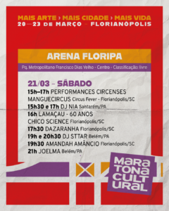 Maratona Cultural de Florianópolis 2026,Arena Floripa ingressos gratuitos,shows gratuitos Florianópolis março 2026,Joelma em Florianópolis,Marisa Monte Florianópolis 2026,Parque Metropolitano Francisco Dias Velho eventos,Camarote Arena Floripa valores,Teatro Ademir Rosa CIC ingressos,eventos culturais Santa Catarina,festival multicultural Sul do Brasil,Instituto Maratona Cultural,Lei Rouanet evento cultural,Ministério da Cultura Brasil,Prefeitura de Florianópolis cultura,programação cultural Florianópolis março,ingressos gratuitos show Florianópolis,área PCD Arena Floripa