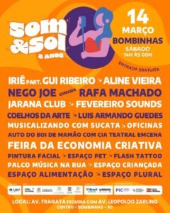 Som&amp;Sol Bombinhas,aniversário de Bombinhas SC,evento cultural Bombinhas,programação cultural Bombinhas,economia criativa Bombinhas,música ao vivo Bombinhas,evento gratuito Bombinhas SC,cultura em Bombinhas Santa Catarina,turismo cultural Bombinhas,feira criativa Bombinhas,atrações culturais Santa Catarina,evento Som e Sol SC,o que fazer em Bombinhas,eventos em Bombinhas março,programação aniversário Bombinhas