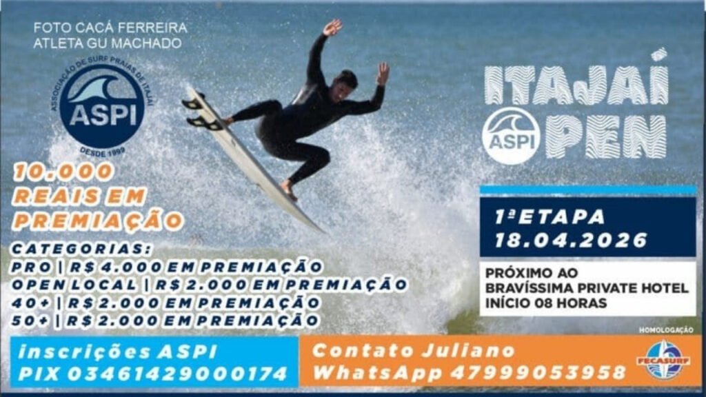 Itajaí campeonato de surf,surf Santa Catarina evento,Canto do Morcego surf,competição surf SC 2026,ASPI Itajaí surf,Bravíssima Private Residence evento,turismo esportivo Itajaí,surf profissional Brasil,categorias surf competição,Federação Catarinense de Surf,evento esportivo Itajaí,surfistas SC competição,campeonato surf litoral SC,cultura do surf Itajaí,premiação surf Brasil,evento surf abril 2026