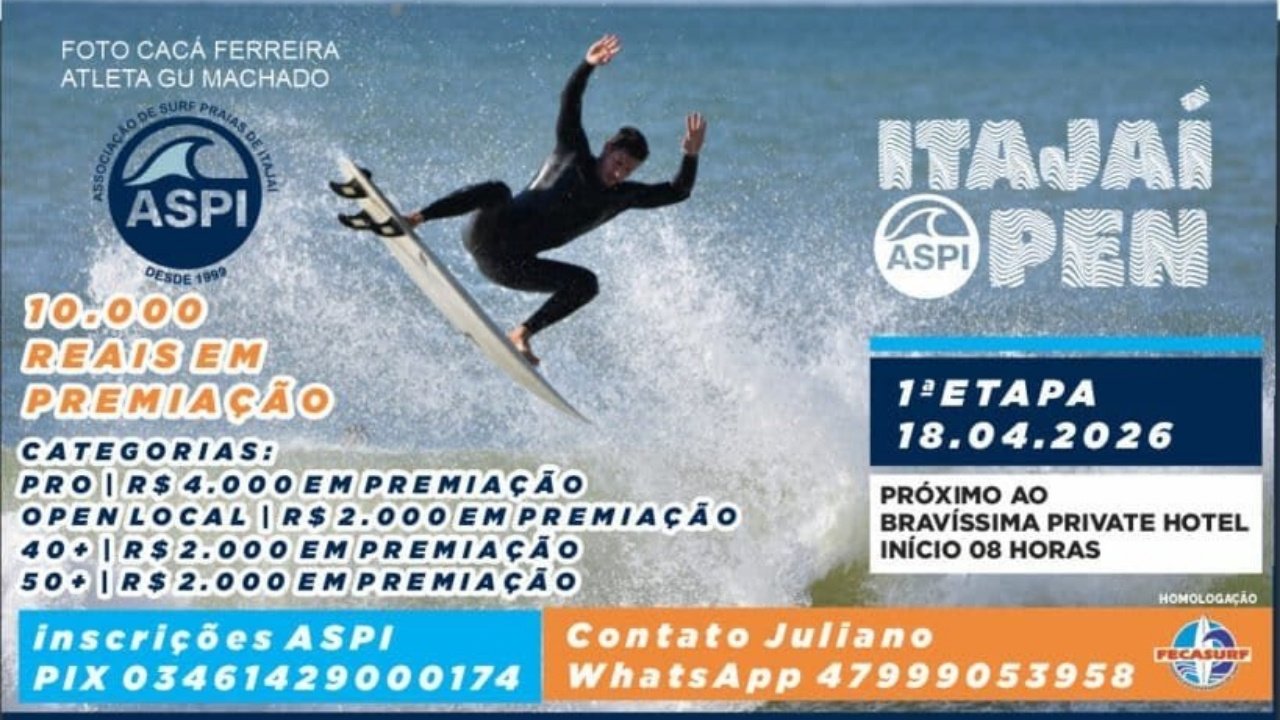 Itajaí campeonato de surf,surf Santa Catarina evento,Canto do Morcego surf,competição surf SC 2026,ASPI Itajaí surf,Bravíssima Private Residence evento,turismo esportivo Itajaí,surf profissional Brasil,categorias surf competição,Federação Catarinense de Surf,evento esportivo Itajaí,surfistas SC competição,campeonato surf litoral SC,cultura do surf Itajaí,premiação surf Brasil,evento surf abril 2026