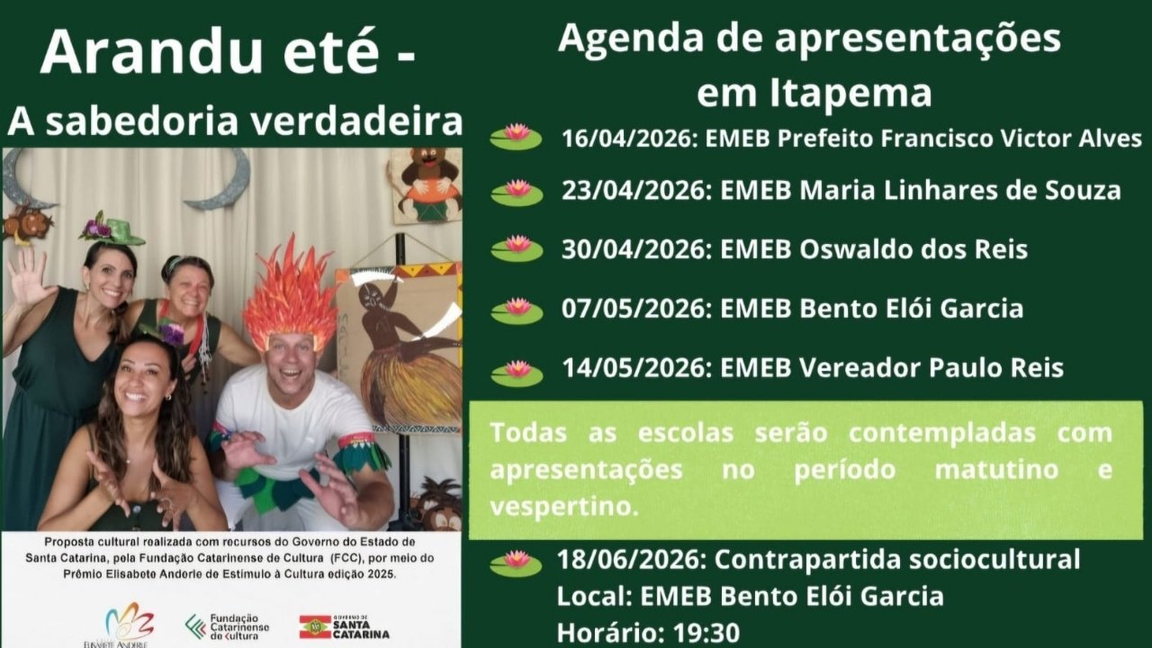 Arandu Eté projeto cultural,cultura Itapema SC,cultura Porto Belo SC,acessibilidade escolas Santa Catarina,projeto cultural escolas públicas,contação de histórias SC,cultura indígena nas escolas,cultura afro indígena Brasil,educação cultural Itapema,projeto FCC Santa Catarina,Fundação Catarinense de Cultura projeto,Elisabete Anderle 2025,atividades culturais litoral SC,inclusão Libras escolas,projetos educativos Santa Catarina
