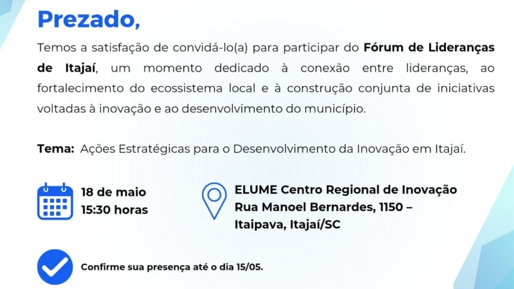 Itajaí,Fórum de Lideranças Itajaí,inovação Itajaí,governança Itajaí,Sebrae SC Itajaí,Prefeitura de Itajaí,ecossistema de inovação Itajaí,desenvolvimento econômico Itajaí,empreendedorismo Santa Catarina,Elume Centro Regional de Inovação,networking Itajaí,liderança empresarial Itajaí,gestão estratégica Itajaí,investidores Itajaí,inovação empresarial Santa Catarina,desenvolvimento sustentável Itajaí,competitividade regional,ecossistema de startups Itajaí,fórum empresarial Itajaí,negócios Santa Catarina