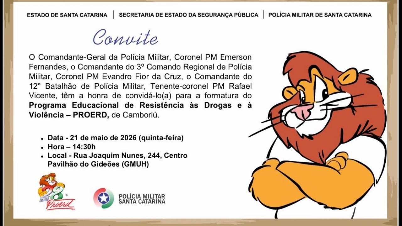 PROERD Camboriú,formatura PROERD 2026,12º Batalhão Polícia Militar,prevenção drogas escolas,educação preventiva Polícia Militar,alunos formados PROERD,Camboriú escolas,cidadania estudantes,combate à violência escolar,programa educacional resistência às drogas,Polícia Militar Santa Catarina,formação estudantes PROERD,segurança nas escolas,educação infantil prevenção drogas,ações educacionais PM