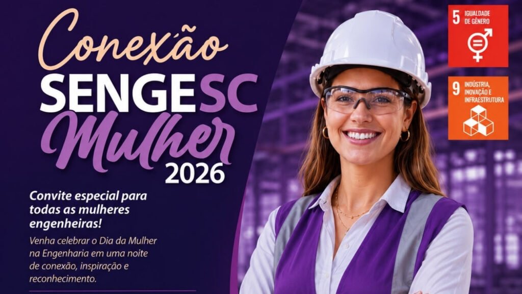 Conexão Senge-SC Mulher 2026,Senge-SC Florianópolis,mulheres na engenharia Santa Catarina,engenharia catarinense,evento para engenheiras,networking profissional,valorização feminina,liderança feminina,setor tecnológico,desenvolvimento sustentável,inovação e infraestrutura,engenharia em Santa Catarina,carreira feminina,integração profissional,ODS 5 igualdade de gênero,ODS 9 inovação,eventos em Florianópolis