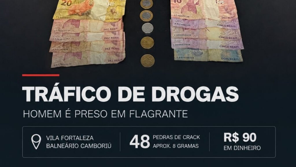 Polícia Militar,Balneário Camboriú,tráfico de drogas,prisão por tráfico,Vila Fortaleza,crack,drogas apreendidas,ocorrência policial,Delegacia de Polícia Civil,segurança pública,combate ao tráfico de drogas,flagrante de tráfico,apreensão de drogas,polícia em Balneário Camboriú,Santa Catarina,tráfico de entorpecentes