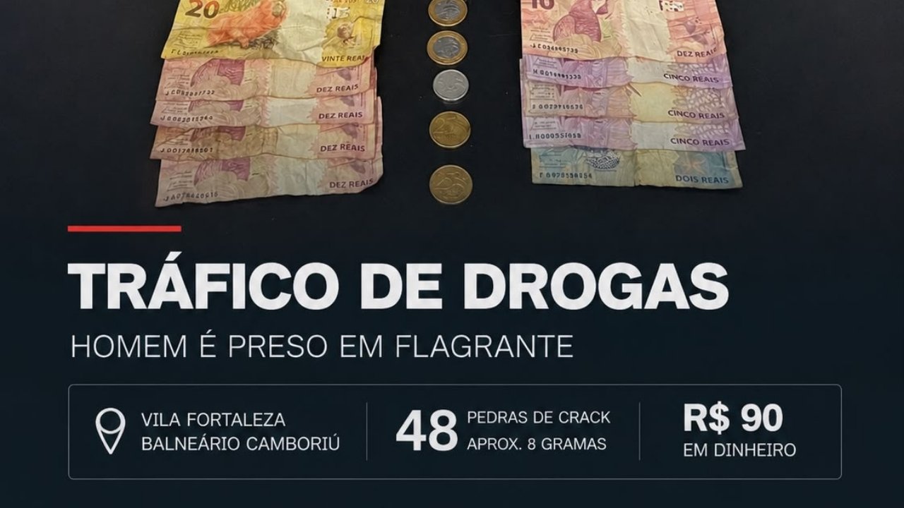 Polícia Militar,Balneário Camboriú,tráfico de drogas,prisão por tráfico,Vila Fortaleza,crack,drogas apreendidas,ocorrência policial,Delegacia de Polícia Civil,segurança pública,combate ao tráfico de drogas,flagrante de tráfico,apreensão de drogas,polícia em Balneário Camboriú,Santa Catarina,tráfico de entorpecentes