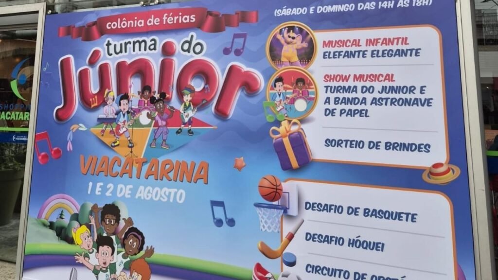 Colônia de Férias Turma do Júnior,Shopping ViaCatarina,evento infantil Palhoça,programação de férias Grande Florianópolis,evento gratuito Palhoça,Turma do Júnior,Banda Astronave de Papel,atividades para crianças Santa Catarina,férias escolares Palhoça,Programa Cultivar,Grupo Guarani Sport,evento para família ViaCatarina,musical infantil Elefante Elegante,circuitos esportivos infantis,o que fazer nas férias em Palhoça,lazer gratuito Grande Florianópolis