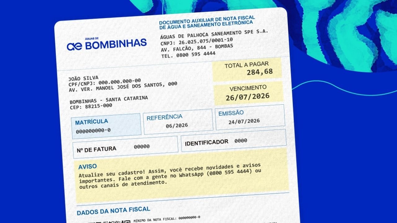 novo modelo de fatura Águas de Bombinhas,Nota Fiscal de Água e Saneamento Eletrônica,NFAg Modelo 75,Reforma Tributária saneamento,fatura de água Bombinhas,Aegea SC,Lei Complementar 214/2025,digitalização saneamento básico,conta de água Bombinhas agosto,saneamento básico Santa Catarina,atualização cadastral consumidores,nota fiscal eletrônica água,concessionária de água Bombinhas,transparência fiscal saneamento,período de adaptação NFAg