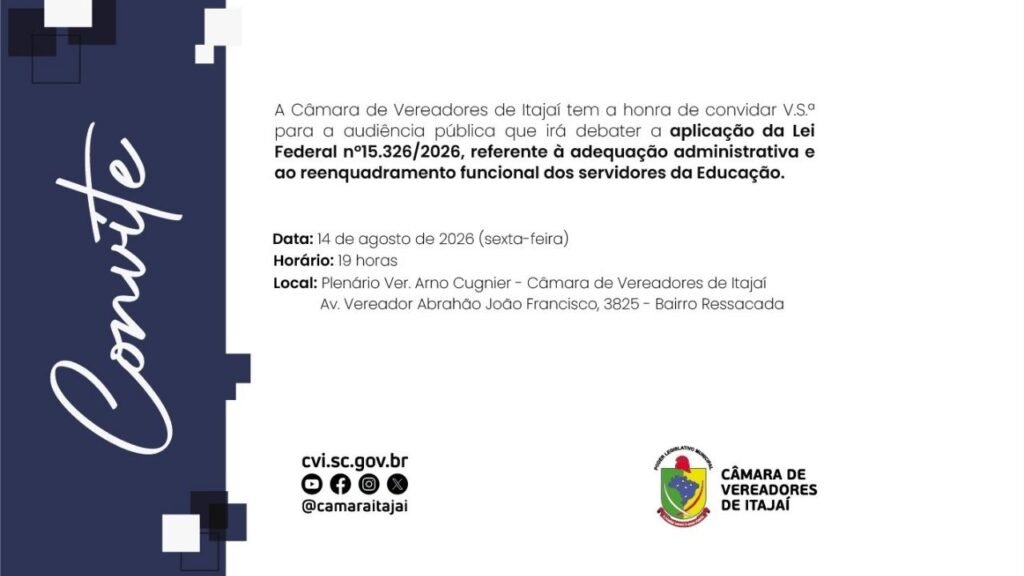 Itajaí,Câmara de Vereadores de Itajaí,audiência pública Itajaí,educação infantil,professores da educação infantil,magistério,Lei Federal 15.326/2026,reenquadramento funcional,servidores da educação,Sindifoz,Fetram-SC,Freifoz,Movimento Somos Todas Professoras,educação pública Itajaí,Santa Catarina,legislação educacional,profissionais do magistério