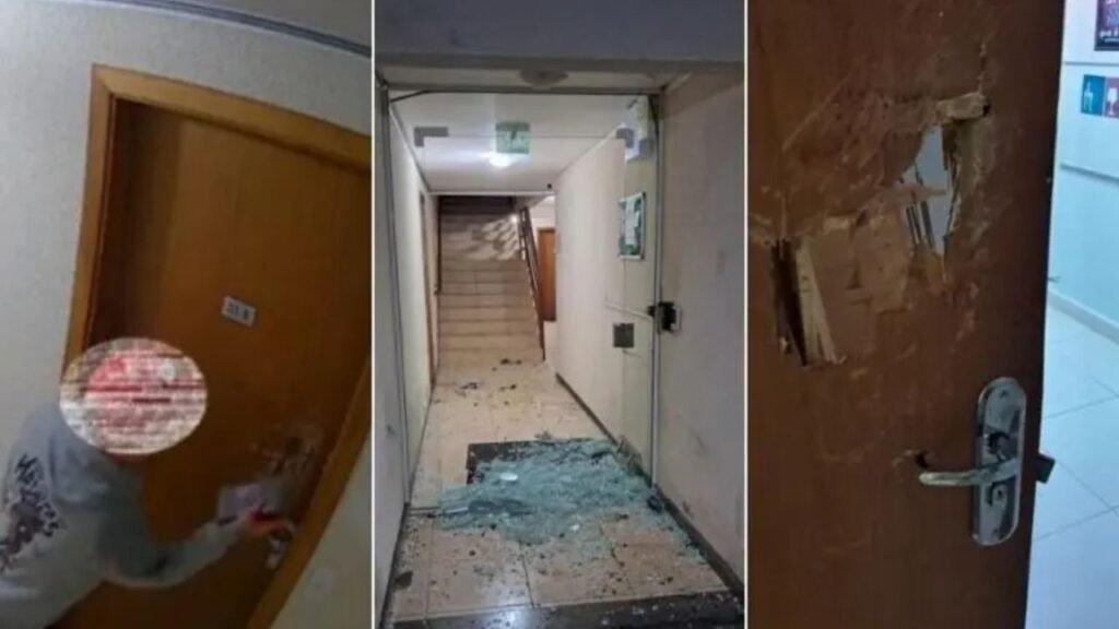 homem invade condomínio Timbó,caso de violência doméstica SC,Polícia Militar Timbó,prisão por violência doméstica Médio Vale do Itajaí,crime de dano ao patrimônio SC,uso de agente químico polícia,desacato a autoridade policial,pedido de medida protetiva Timbó,invasão de apartamento residencial,ocorrência policial bairro Imigrantes Timbó,segurança pública Santa Catarina,prisão por embriaguez e desacato,Polícia Civil Timbó investiga invasão,bloco de paver quebra porta,atendimento a vítimas de agressão SC