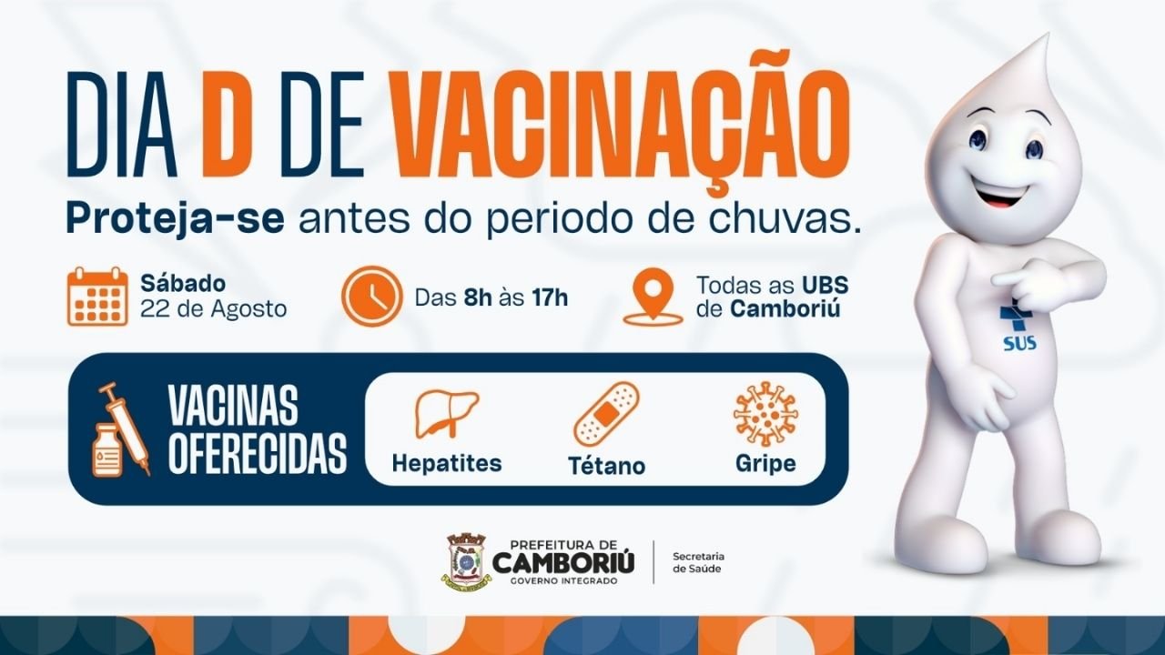 Dia D de vacinação em Camboriú,vacinação em Camboriú,Dia D vacinação Camboriú,vacinas Camboriú,campanha de vacinação Camboriú,vacinação contra gripe Camboriú,vacina contra tétano,vacina contra hepatites,vacinação nas UBSs,Unidades Básicas de Saúde de Camboriú,saúde pública em Camboriú,prevenção de doenças,vacinação preventiva,período de chuvas em Camboriú,El Niño em Santa Catarina,vacinação em Santa Catarina,carteira de vacinação,doses de vacina em atraso,prevenção durante enchentes,imunização em Camboriú