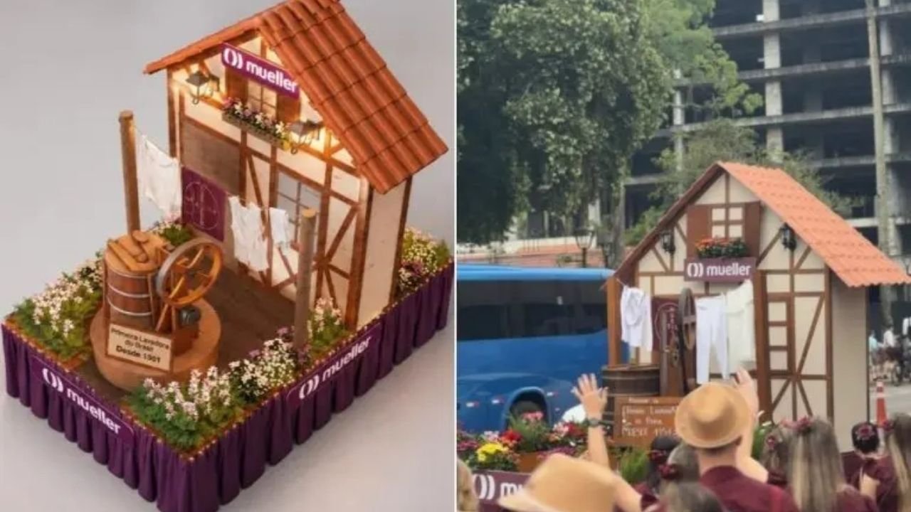 primeira máquina de lavar do Brasil,máquina de lavar Pioneira,Oktoberfest Blumenau 2026,41ª Oktoberfest Blumenau,carro alegórico Oktoberfest,Mueller Eletrodomésticos,Walter Mueller,máquina de lavar fabricada em 1951,história da Mueller,indústria de Timbó,Vale do Itajaí,tradição alemã em Blumenau,desfiles da Oktoberfest,casa enxaimel,indústria catarinense,história da máquina de lavar no Brasil,produtos Mueller