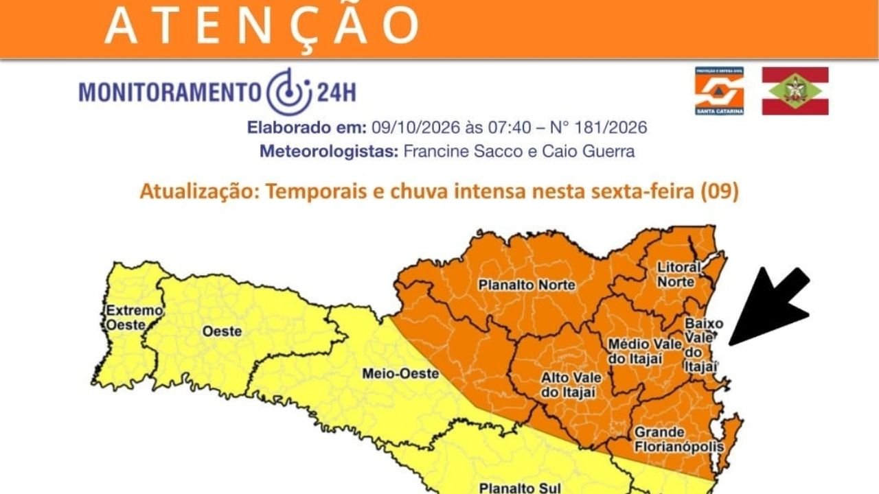alerta de alagamentos em Balneário Camboriú,risco de enxurradas em Balneário Camboriú,Defesa Civil de Balneário Camboriú,previsão do tempo em Balneário Camboriú,alerta de temporais em Santa Catarina,chuva intensa no Litoral Norte,risco alto de alagamentos,alerta meteorológico em Santa Catarina,previsão de chuva forte,temporais em Balneário Camboriú,alerta da Defesa Civil SC,risco de inundação,cuidados durante temporais,telefone da Defesa Civil 199,telefone dos Bombeiros 193,previsão do tempo nesta sexta-feira,alerta de chuva até sábado,segurança durante chuvas intensas,prevenção de alagamentos